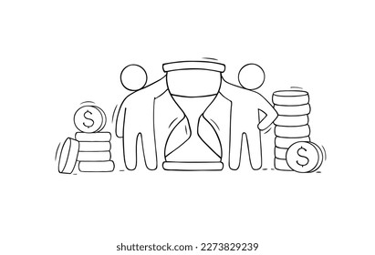 Time and money concept with sand clock and gold coins stacks. Icon of business, economy, deposit or investment with doodle men with money and hourglass, vector hand drawn illustration