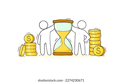 Time and money concept with sand clock and gold coins stacks. Icon of business, economy, deposit or investment with doodle men with money and hourglass, vector hand drawn illustration
