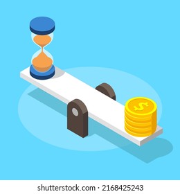 Time is money concept. Sand hourglass and money on balance scale. 3D isometric illustration. Flat style. Isolated vector for presentation, infographic, website, apps and other uses.