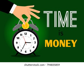 Time is money concept. Save time and money vector illustration, businessman hand puts dollar in clock