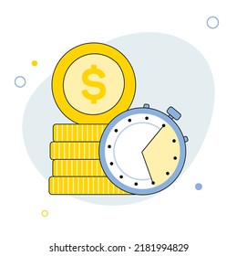 Time is money concept. Time and money savings outline vector illustration, flat cartoon timer or alarm clock with money