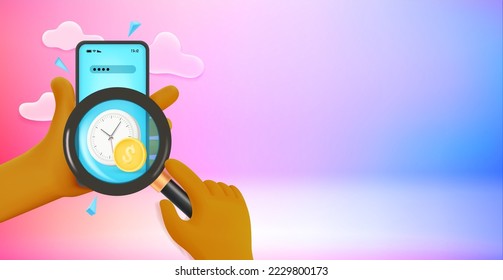 Time is money concept with smartphone and magnifier. 3d vector banner with copy space