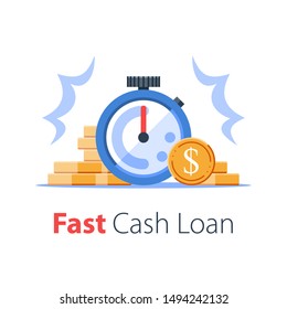 Time is money concept, stack of coins and stopwatch, easy loan, instant payment, fast money growth, financial services, vector flat illustration