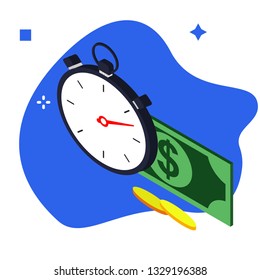 Time is money concept. Stopwatch and dollar coin illustration concept. Stopwatch and dollar coin icon in flat design. Timer vector icon  in flat design. 