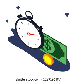 Time is money concept. Stopwatch and dollar coin illustration concept. Stopwatch and dollar coin icon in flat design. Timer vector icon  in flat design. 