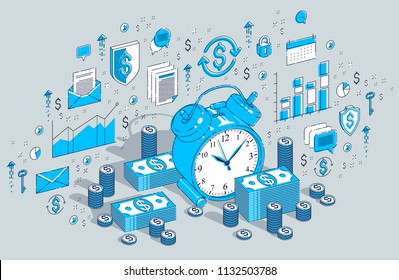 El tiempo es el concepto de dinero, el reloj de alarma de mesa con pilas de dinero en efectivo y pilas de monedas aisladas en fondo blanco. Ilustración empresarial isométrica vectorial 3d con iconos, gráficos de estadísticas y elementos de diseño.
