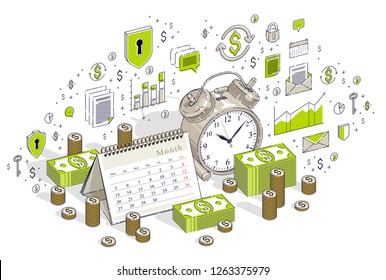 Time is Money concept, table Alarm Clock with cash money stacks and coin piles isolated on white background. Vector 3d isometric business illustration with icons, stats charts and design elements.