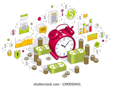 Time is Money concept, table Alarm Clock with cash money stacks and coin piles isolated on white background. Vector 3d isometric business illustration with icons, stats charts and design elements.