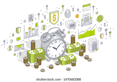 Time is Money concept, table Alarm Clock with cash money stacks and coin piles isolated on white background. Vector 3d isometric business illustration with icons, stats charts and design elements.