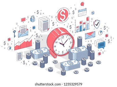Time is Money concept, table Clock with cash money stacks and coin piles isolated on white background. Isometric 3d vector finance illustration with icons, stats charts and design elements.