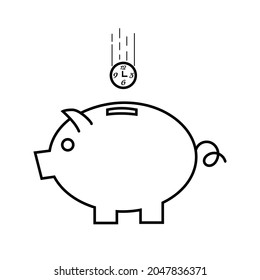 Time is money concept through line art. Clock falling in piggy bank.