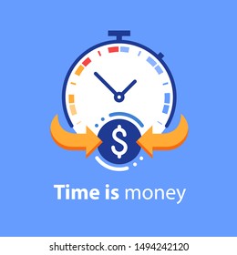 Time is money concept, timely payment, easy loan, instant payment, fast money growth, financial services, vector flat illustration