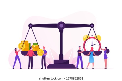 Time is Money Concept. Tiny Businesspeople Characters Put Alarm Clock and Heap of Banknotes and Coins on Huge Scales. Business and Time Management Balance, Planning. Cartoon Flat Vector Illustration