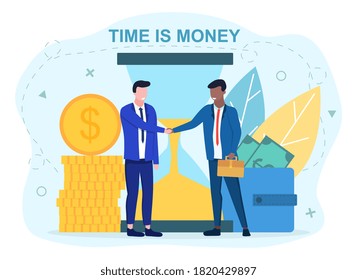 El tiempo es el concepto del dinero, con dos hombres de negocios multirraciales estrechándose las manos. Ilustración vectorial plana