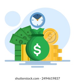 time is money concept, using time as efficiently as possible for productivity and making money, pension fund, clock, long term investment results, flat vector illustration on background.