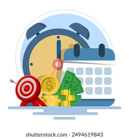 time is money concept, using time as efficiently as possible for productivity and making money, pension fund, clock, long term investment results, flat vector illustration on background.