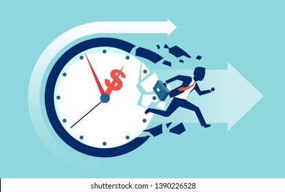 Time is money concept. Vector of a businessman breaking a clock face running for a profit 