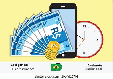 Zeit ist Geld-Konzept, Vektorgrafik mit 2 brasilianischen Real-Banknote. 