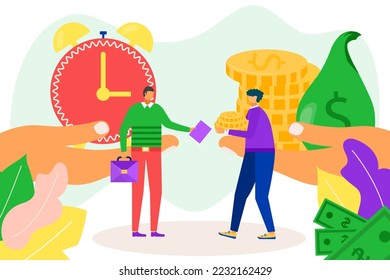 Time money concept, vector illustration. Cartoon people character work, increase wealth. Symbol clock and gold coins background.