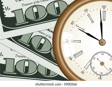 "time - money" concept - vector illustration - pocket watch on one hundred dollars background