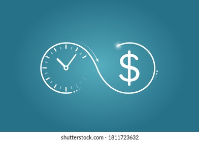 Time is money concept. Vector logo of a clock flowing into dollar symbol
