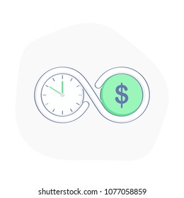 Time is money. Connection of clock (time) and dollar (money) symbols. Flat outline business vector illustration. 