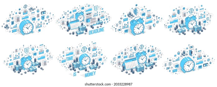 Time and money, deadline, time is money concept 3D vector designs set isolated on white background, stylish business and finance theme illustrations collection.