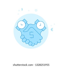 Time is Money, Deal Flat Vector Icon. Money and Finance Illustration. Light Flat Style. Blue Monochrome Design. Editable Stroke. Adjust Line Weight. Design with Pixel Perfection.
