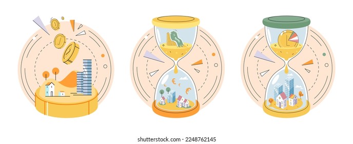 Time and money, deferred payment, financial system of global economy, capital investment, business timer countdown. Hourglass with coins and money turn into planet. World stock exchange vector set