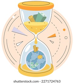 Time and money, deferred payment, financial system of global economy, capital investment, business timer countdown. Hourglass with coins and money turn into planet earth. World stock exchange