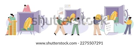 Time and money, deferred payment, financial system of global economy, capital investment, business timer countdown. Hourglass with coins and money turn into planet. World stock exchange vector set