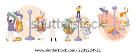 Time and money, deferred payment, financial system of global economy, capital investment, business timer countdown. Hourglass with coins and money turn into planet. World stock exchange vector set