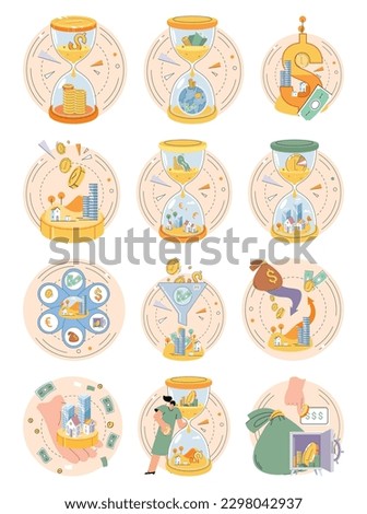 Time and money, deferred payment, financial system of global economy, capital investment, business timer countdown. Hourglass with coins and money. World stock exchange set, accumulation of capital