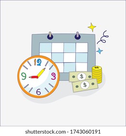 Time And Money Dilemma Management concept Presented By A Calendar, Analog Clock, Bills, And Coins.  Business Challenge Theme In Minimal Retro Colorful Hand Drawn Flat Design.