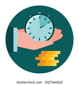 Time is money emblem concept vector illustration. Hand with watch and coins as a symbol of the value of time.