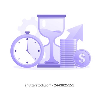 Time and money, finance concept, clock, cash, coin, bank, wealth, income, financial design, flat vector design illustration