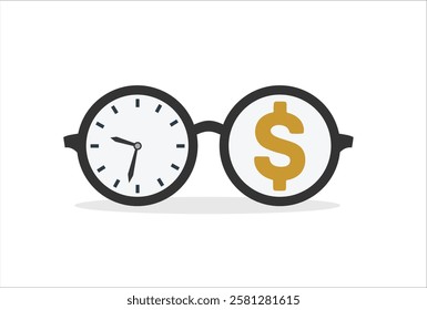 Time is money, financial freedom concept, long term investing, saving money, eyeglasses with dollar sign and time running clock.
