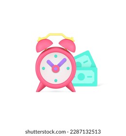 Time is money financial income make banking investment profit savings 3d icon realistic vector illustration. Currency cash dollar with alarm clock earning profitable benefit deposit salary management