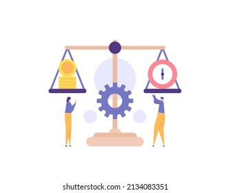 Time is money. time and financial management. organize and manage. time and capital efficiency. a team weighs and balances money for business and productivity time. flat cartoon illustration. concept