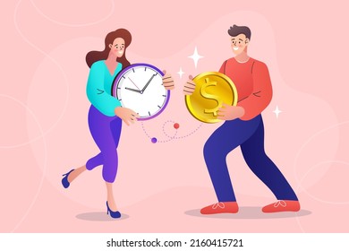 Time is money, financing and investment, woman and man business timing, earn money, self organization, missed opportunities. vector illustration isolated on pink background.