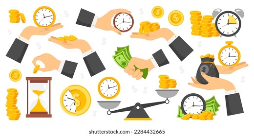 Zeit ist Geld flache Symbole gesetzt. Finanz- und Bankgeschäfte. Bargeld und Münzen. Alte Sanduhr. Harte Arbeit für gutes Gehalt. Business. Farbisolierte Illustrationen