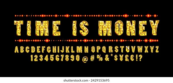 Time is money. Gold alphabetic fonts and numbers on a black background. Vector illustration