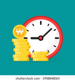 Time is money. Golden korean won coins stack with red clock on turquoise background. Fast time stop watch, limited offer, deadline symbol. Vector illustration. Money, coin, salary. 