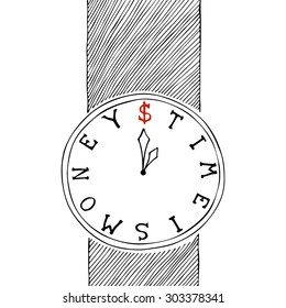 Time is money. Hand drawn typography inscription on the clock. Vintage motivational hand drawn lettering on white background. Poster, card, invitation, element decoration for the house, T-shirt.