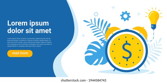 El tiempo es dinero. Plantilla de banner horizontal. El concepto de un reloj en dólares