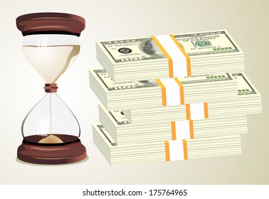 Time is money. Hourglass on hundred-dollar bills