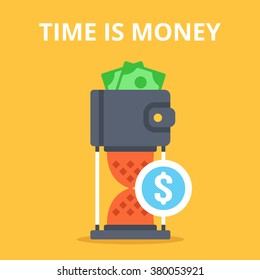 Time is money. Hourglass with wallet and cash isolated on yellow background. Modern flat design concepts for web banners, websites, printed materials, infographics. Creative vector illustration