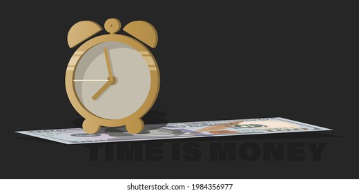 Time. Money. Hundred dollar bills. American money sign, hundred dollar bills on dark background. 
