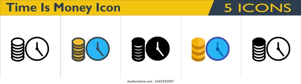 Zeit ist Geld-Symbol mit 5 Stilen (Umriss, Farbe linear, einfarbig, Farbe und gemischt)
