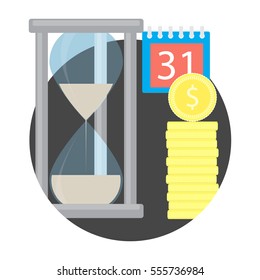 Time money icon. Budget stack and sand clock, deposit capitalization, vector illustration